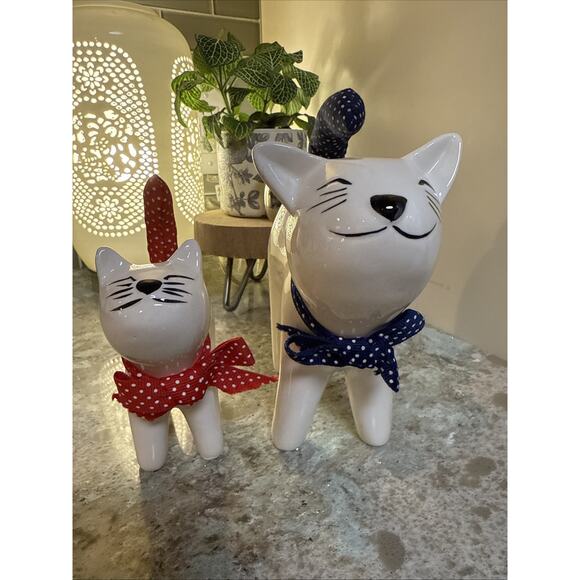 VINTAGE ENESCO CERAMIC SMILING CATS WITH POLKA DOT BOWS‎ & TAILS - Picture 1 of 13